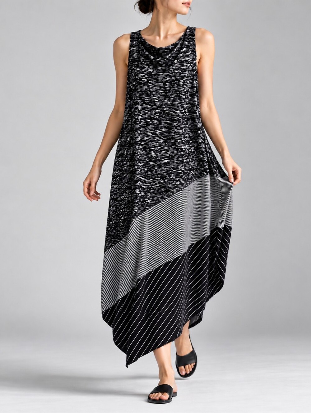 Alembika Mixed Print Black White Asymmetrical Maxi Dress Lagenlook Womens Size 1